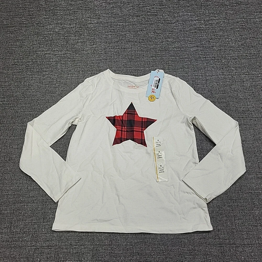 Girls Long Sleeves Plaid Star Graphic Tee Shirt Top Small Size 6/7 Cream